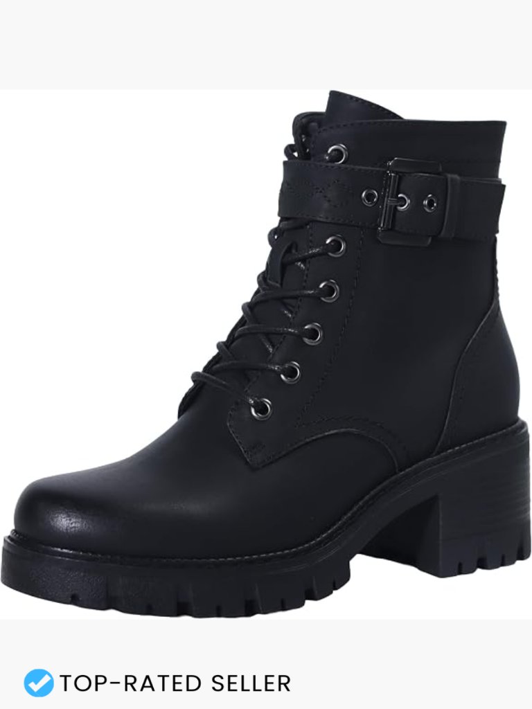 Classic Lace-Up Combat Booties With Side Zipper & Buckle Chunky Mid Heel